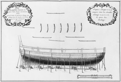 Profil eines teilweise beplankten Schiffes, Illustration aus dem 